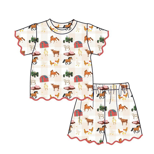 MOQ 30 PCS Preorder GSSO3645 Farm Animals House Plaid Beige Wave Ruffle Short Sleeve Shorts Girls Sets 202603