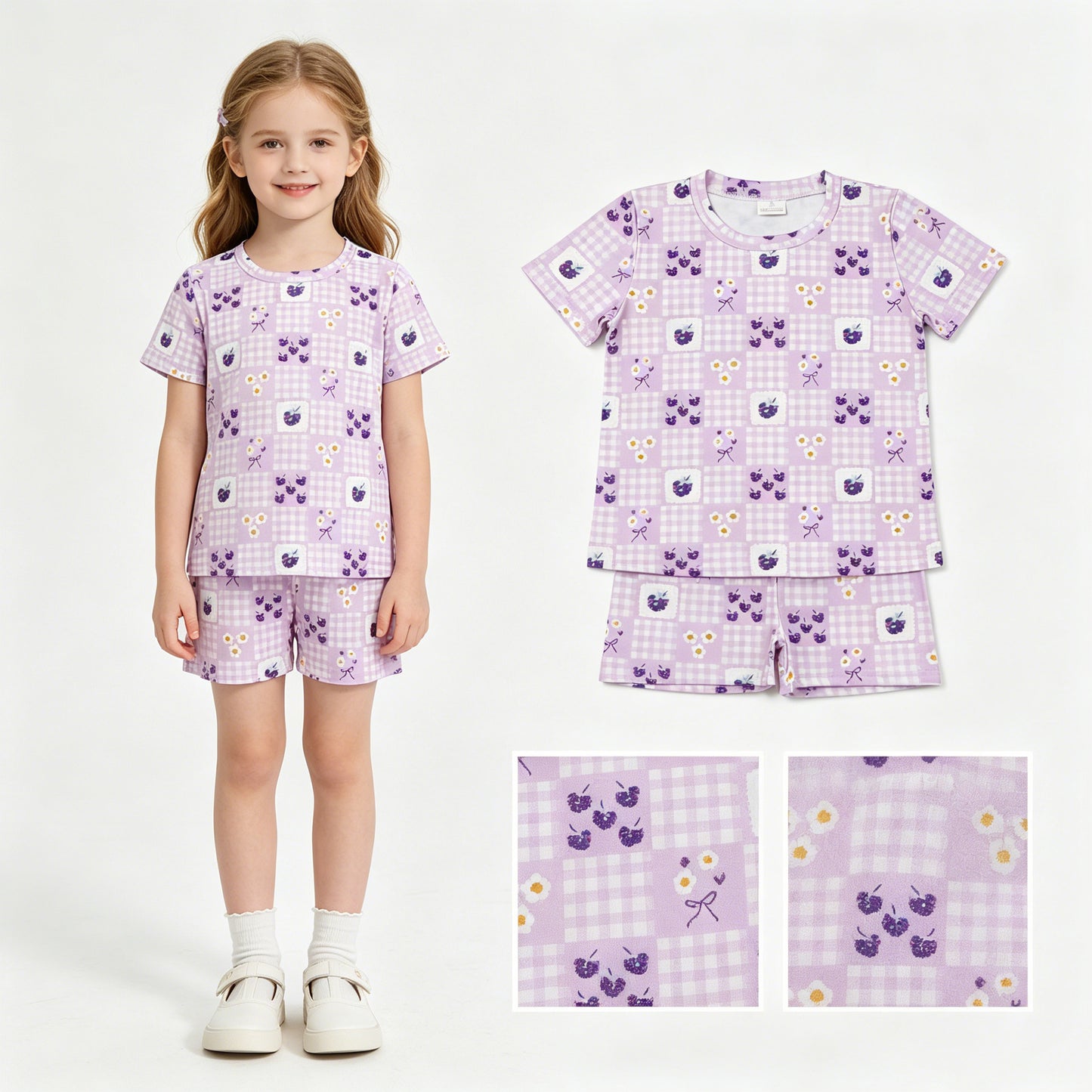 GSSO3647 Grape Flower Purple Plaid Short Sleeve Shorts Girls Sets 202605 RTS