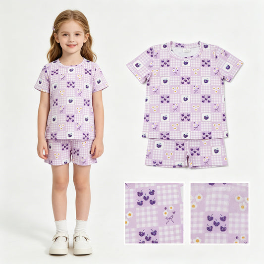 GSSO3647 Grape Flower Purple Plaid Short Sleeve Shorts Girls Sets 202605 RTS