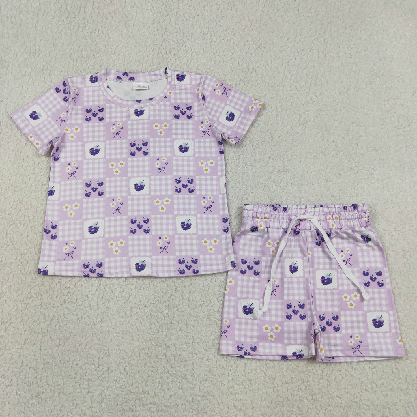 GSSO3647 Grape Flower Purple Plaid Short Sleeve Shorts Girls Sets 202605 RTS
