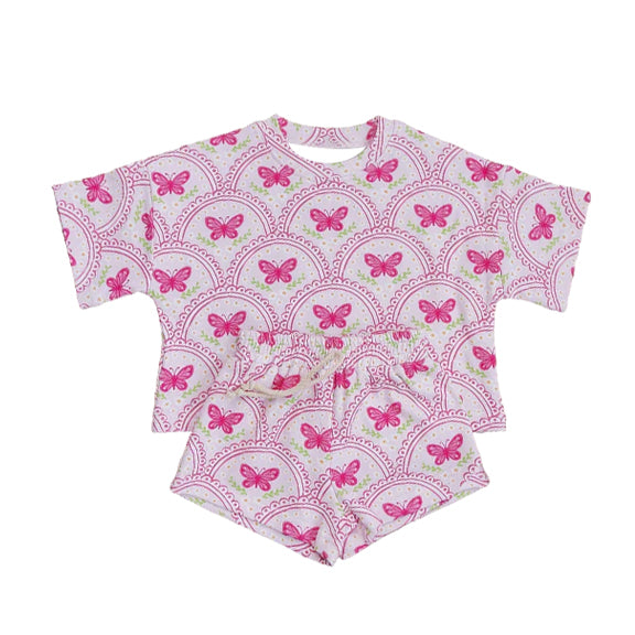 MOQ 5 PCS Preorder GSSO3648 Butterflies Rose Red Short Sleeve Shorts Girls Sets 202603