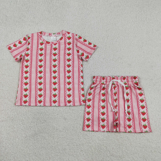GSSO3649 Strawberry Bows Pink Red Short Sleeve Shorts Girls Sets 202605 RTS