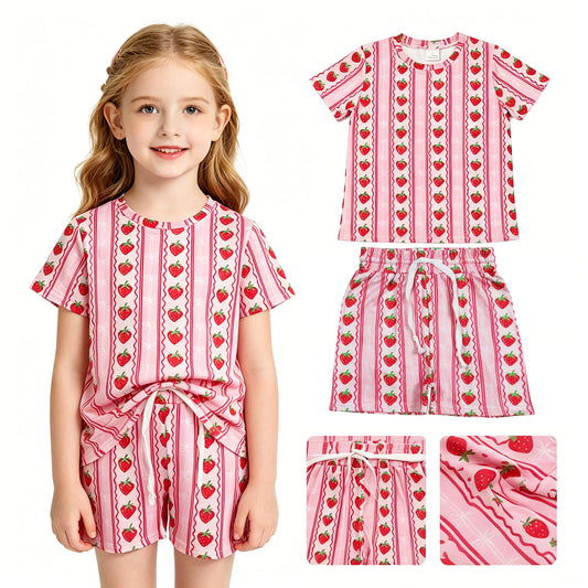 GSSO3649 Strawberry Bows Pink Red Short Sleeve Shorts Girls Sets 202605 RTS