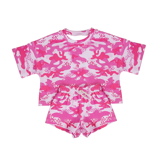 MOQ 5 PCS Preorder GSSO3650 Rose Red Camouflage Short Sleeve Shorts Girls Sets 202603