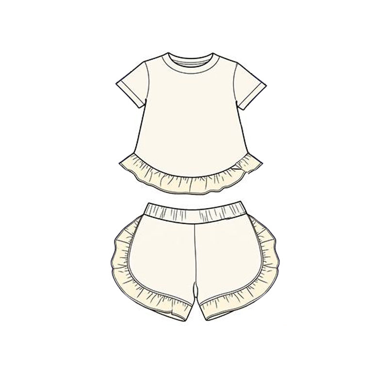 MOQ 5 PCS Preorder GSSO3651 Solid Beige Ruffle Short Sleeve Shorts Girls Sets 202603