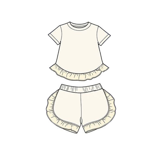 MOQ 5 PCS Preorder GSSO3651 Solid Beige Ruffle Short Sleeve Shorts Girls Sets 202603