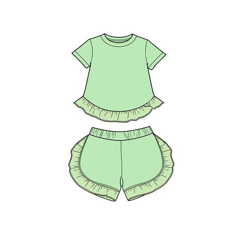 MOQ 5 PCS Preorder GSSO3654 Solid Green Ruffle Short Sleeve Shorts Girls Sets 202603