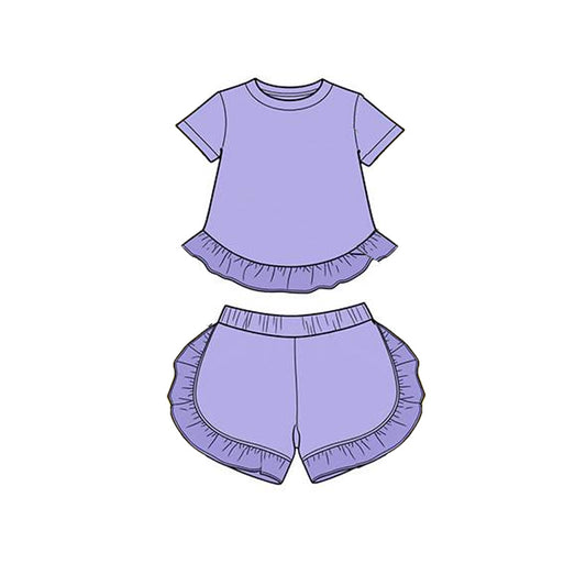 MOQ 5 PCS Preorder GSSO3656 Solid Purple Ruffle Short Sleeve Shorts Girls Sets 202603