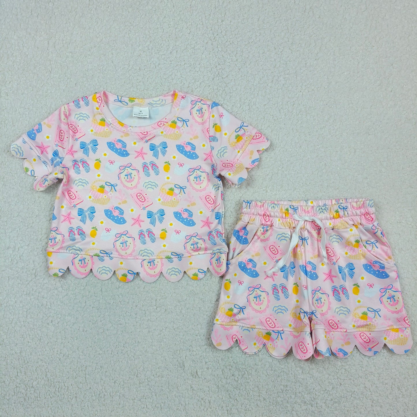 GSSO3657 Fruit Basket Anchor Slippers Starfish Hat Pink Wavy Ruffle Short Sleeve Shorts Girls Sets 202604 RTS