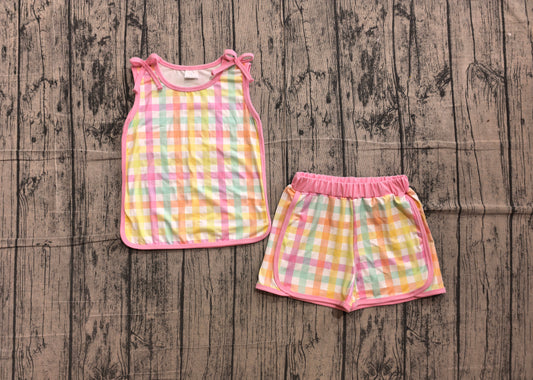 NO MOQ Preorder GSSO3659 Colored Plaid Pink Bows Sleeveless Shorts Girls Sets 202606