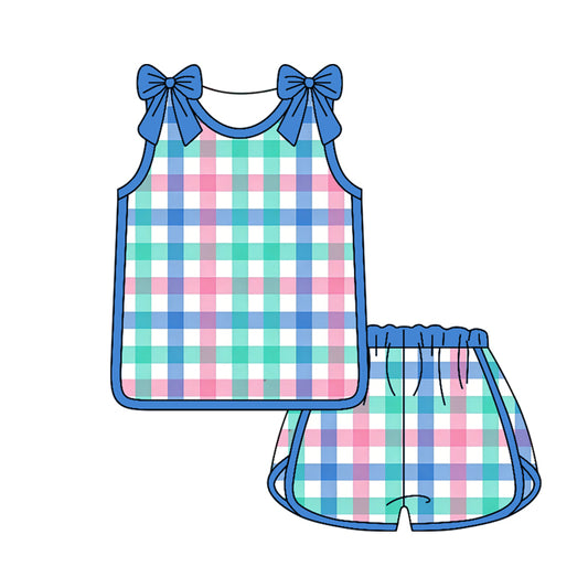 MOQ 5 PCS Preorder GSSO3661 Colored Plaid Blue Bows Sleeveless Shorts Girls Sets 202603