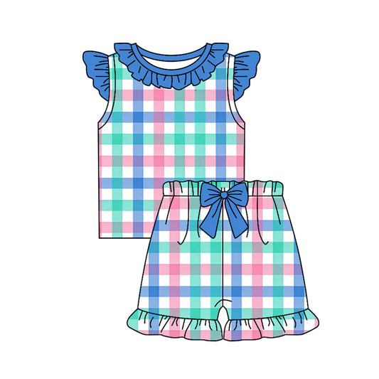 MOQ 5 PCS Preorder GSSO3662 Colored Plaid Blue Bows Ruffle Fly Sleeve Shorts Girls Sets 202603
