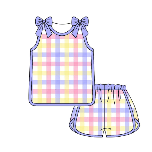 MOQ 5 PCS Preorder GSSO3663 Colored Plaid Purple Bows Sleeveless Shorts Girls Sets 202603