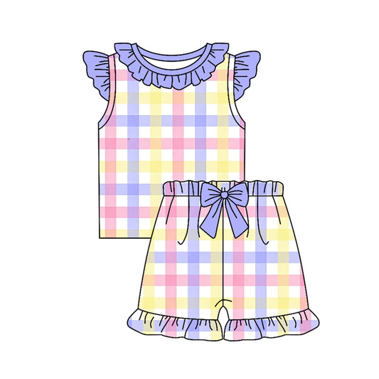 MOQ 5 PCS Preorder GSSO3664 Colored Plaid Purple Bows Ruffle Fly Sleeve Shorts Girls Sets 202603