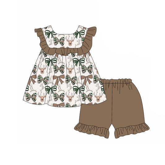MOQ 5 PCS Preorder GSSO3666 Deer Hunting Bows Brown Ruffle Fly Sleeve Shorts Girls Sets 202603