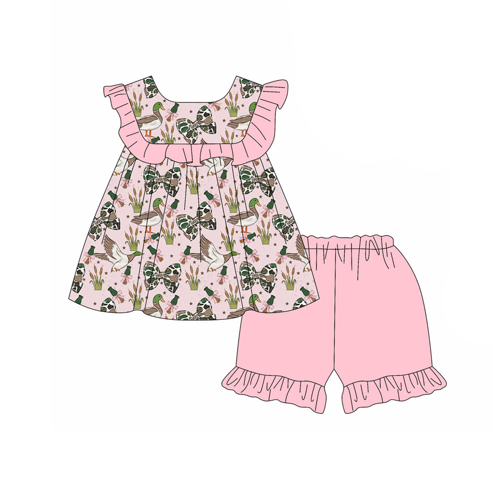 MOQ 5 PCS Preorder GSSO3667 Ducks Bows Pink Ruffle Fly Sleeve Shorts Girls Sets 202603