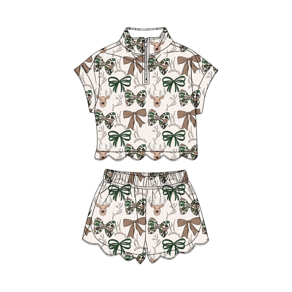 MOQ 30 PCS Preorder GSSO3668 Deer Hunting Bows Wave Ruffle Zip Short Sleeve Shorts Girls Sets 202603