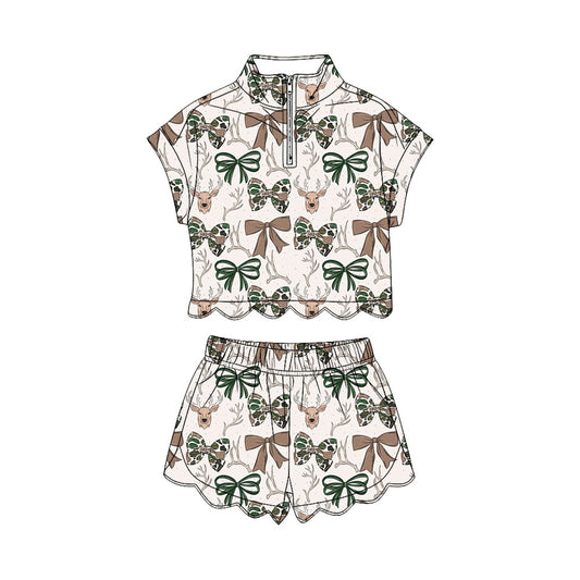 MOQ 30 PCS Preorder GSSO3668 Deer Hunting Bows Wave Ruffle Zip Short Sleeve Shorts Girls Sets 202603
