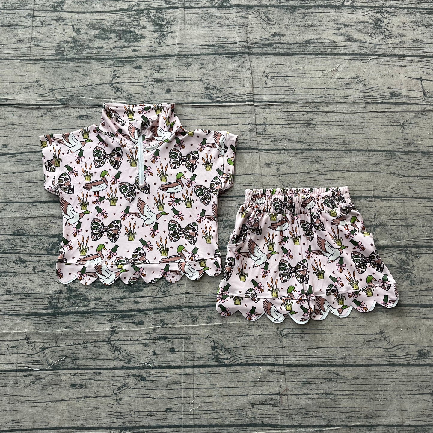 NO MOQ Preorder GSSO3669 Ducks Bows Wave Ruffle Pink Zip Short Sleeve Shorts Girls Sets 202605