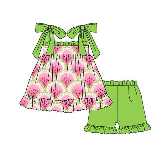 MOQ 5 PCS Preorder GSSO3672 Watermelon Green Ruffle Halter Shorts Girls Sets 202603