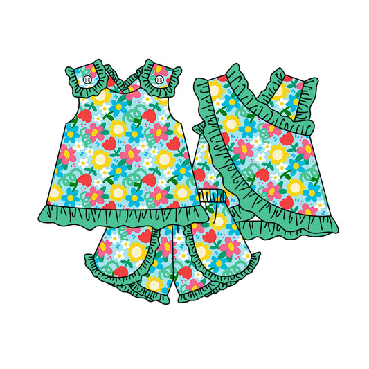 MOQ 5 PCS Preorder GSSO3674 Flower Green Ruffle Sleeveless Shorts Girls Sets 202603