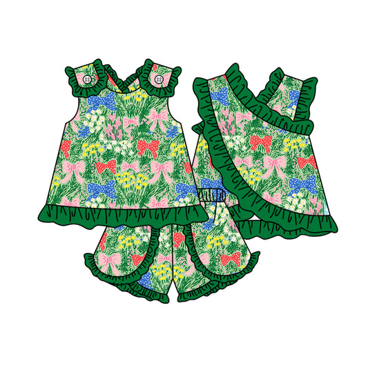 MOQ 5 PCS Preorder GSSO3675 Colored Bows Grass Green Ruffle Sleeveless Shorts Girls Sets 202603
