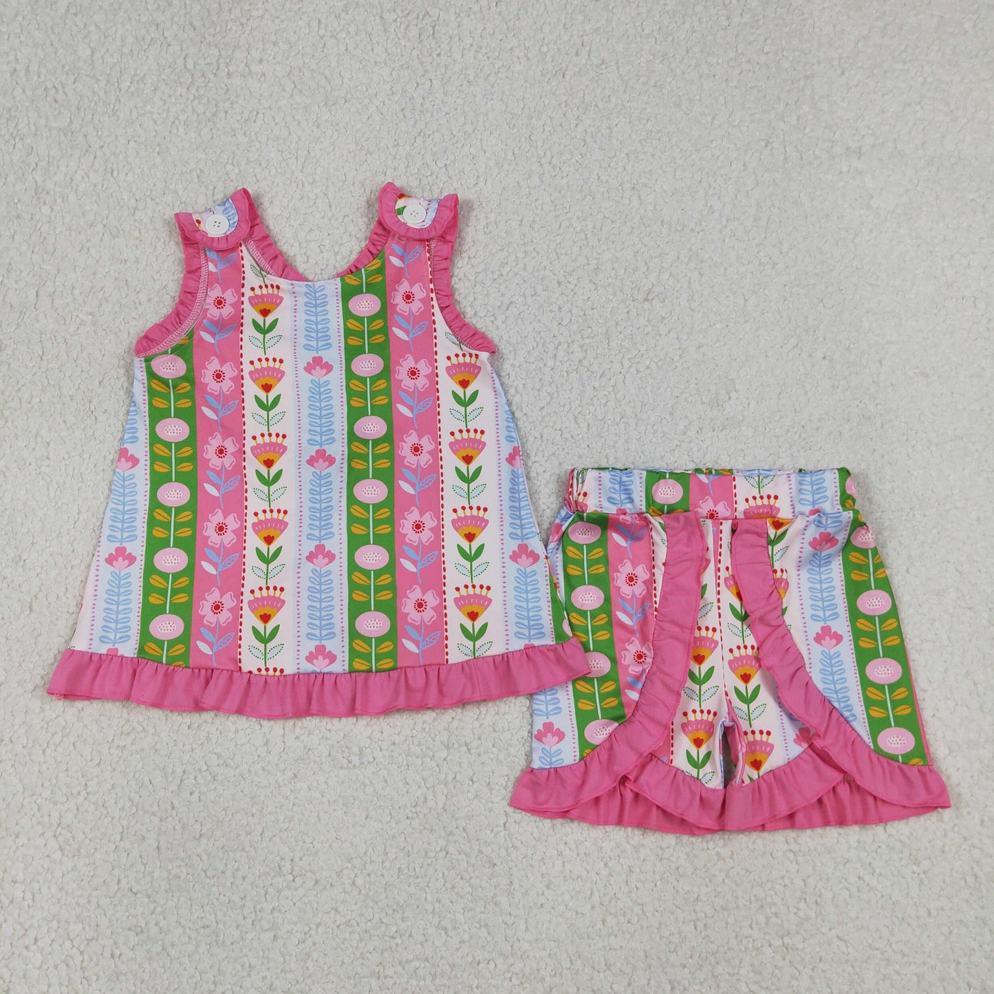 GSSO3676 Flower Stripe Rose Red Ruffle Sleeveless Shorts Girls Sets 202605 RTS