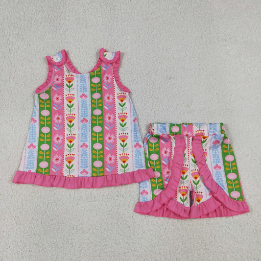 GSSO3676 Flower Stripe Rose Red Ruffle Sleeveless Shorts Girls Sets 202605 RTS
