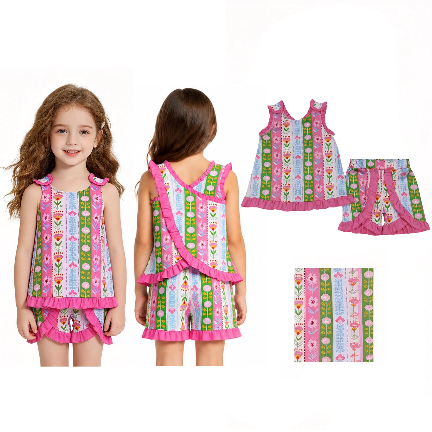 GSSO3676 Flower Stripe Rose Red Ruffle Sleeveless Shorts Girls Sets 202605 RTS