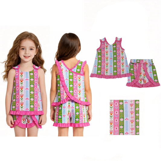GSSO3676 Flower Stripe Rose Red Ruffle Sleeveless Shorts Girls Sets 202605 RTS