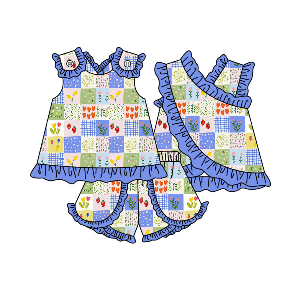 MOQ 5 PCS Preorder GSSO3678 Flower Plaid Blue Ruffle Sleeveless Shorts Girls Sets 202603