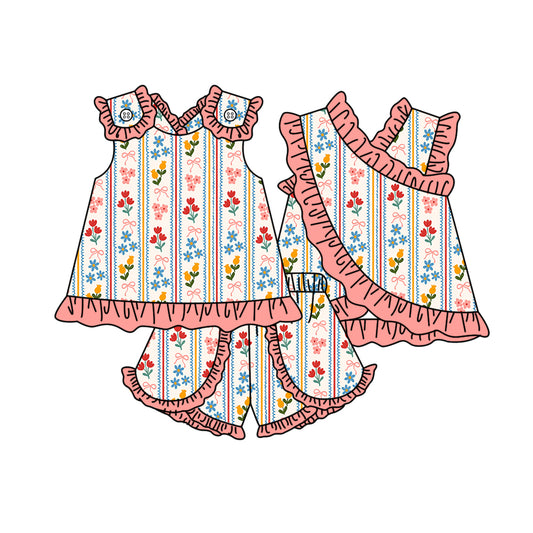 MOQ 5 PCS Preorder GSSO3680 Flower Bows Stripe Orange Pink Ruffle Sleeveless Shorts Girls Sets 202603