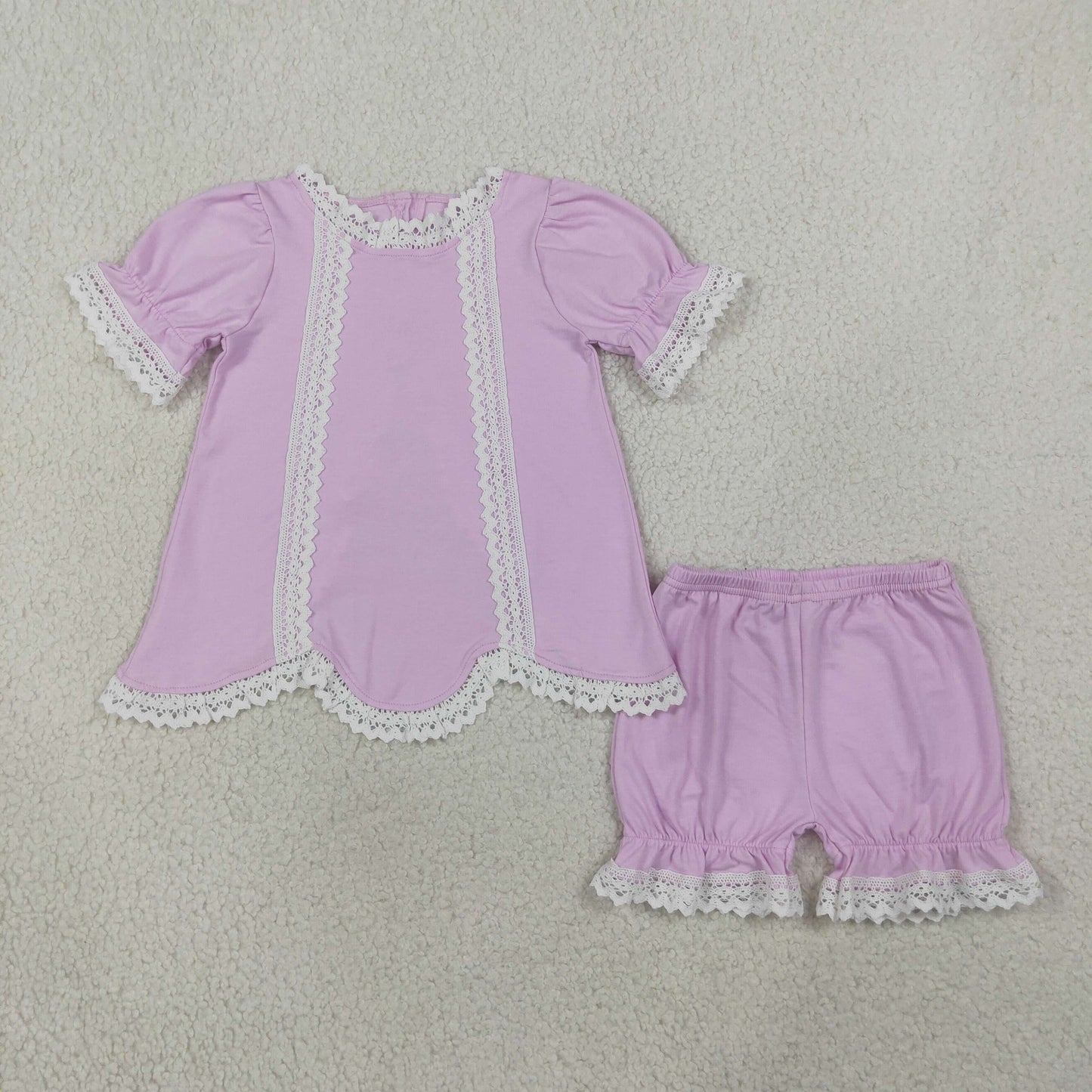 GSSO3681 Lace Ruffle Pink Purple Short Sleeve Shorts Girls Sets 202608 RTS