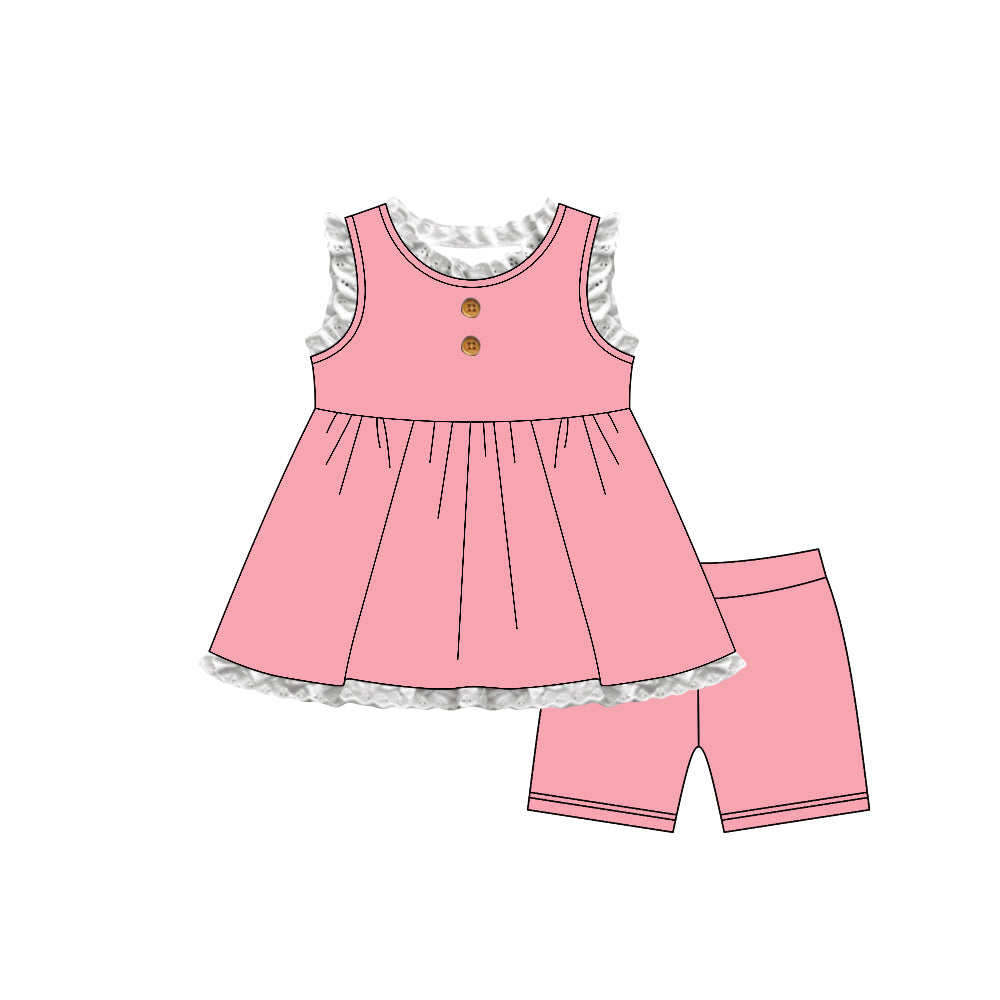 MOQ 5 PCS Preorder GSSO3685 Lace Ruffle Pink Sleeveless Shorts Girls Sets 202603