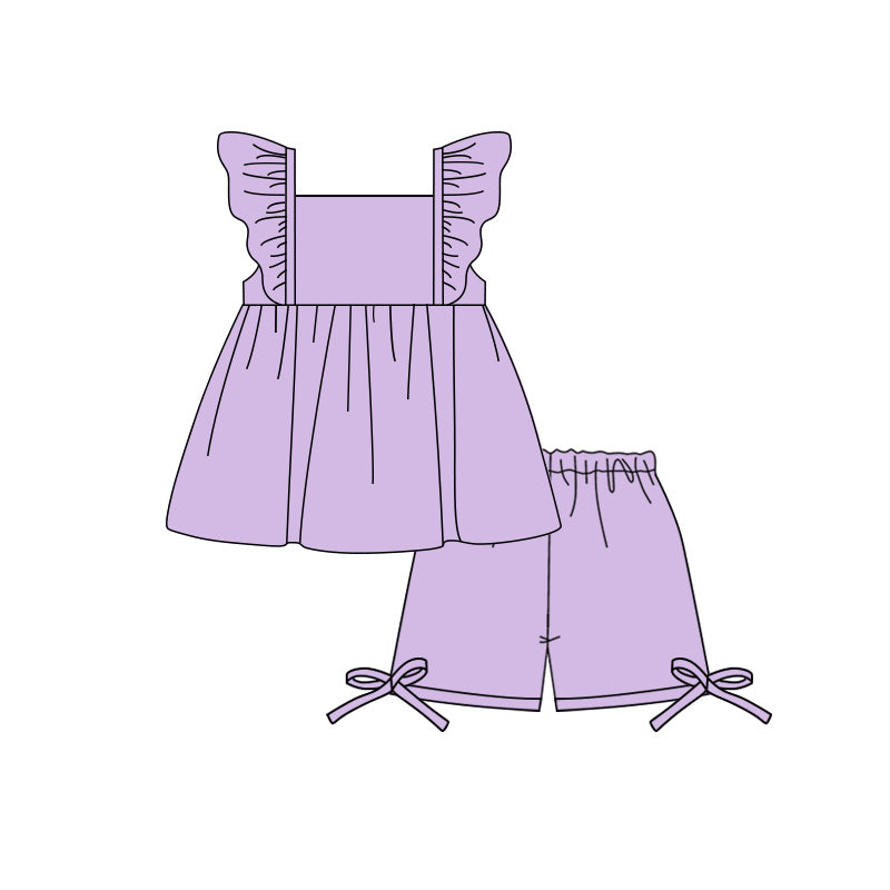 MOQ 5 PCS Preorder GSSO3693 Solid Purple Fly Sleeve Shorts Girls Sets 202604