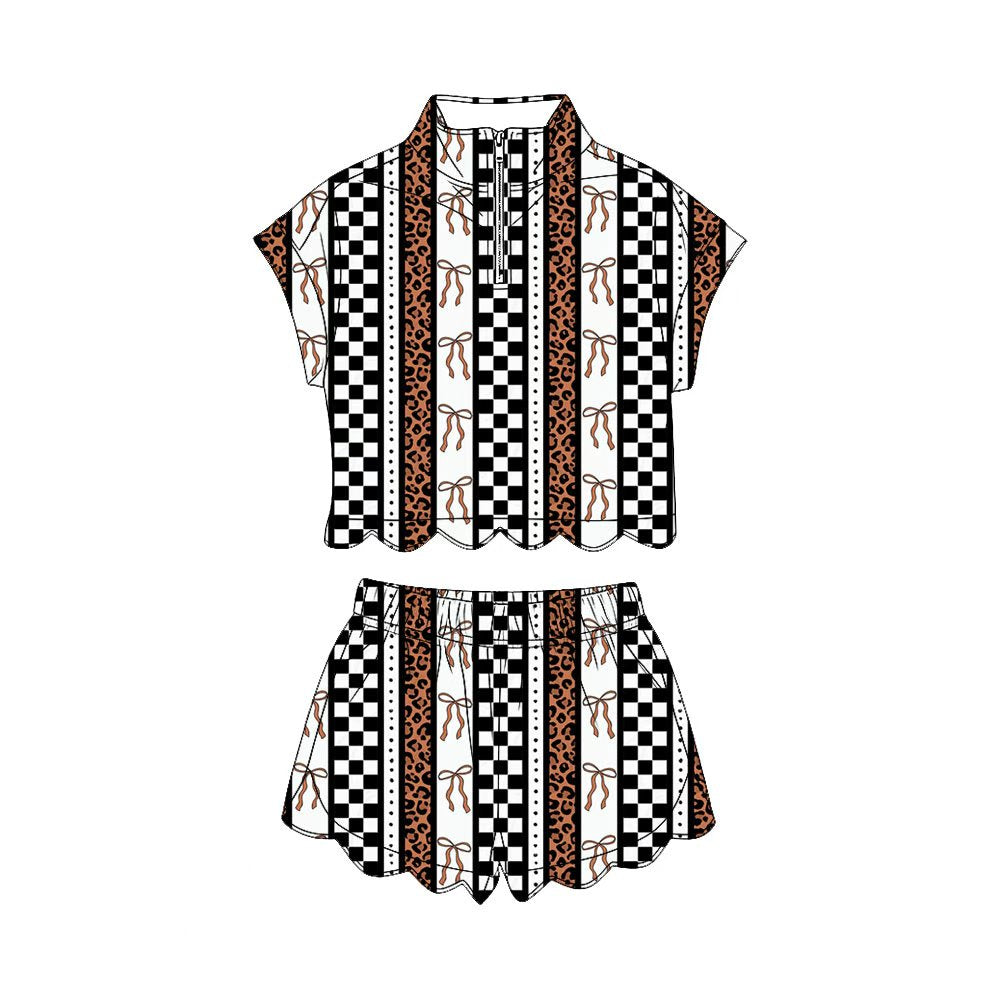 MOQ 30 PCS Preorder GSSO3695 Plaid Leopard  Stripe Patchwork Wave Ruffle Zip Short Sleeve Shorts Girls Sets 202604