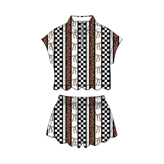 MOQ 30 PCS Preorder GSSO3695 Plaid Leopard  Stripe Patchwork Wave Ruffle Zip Short Sleeve Shorts Girls Sets 202604