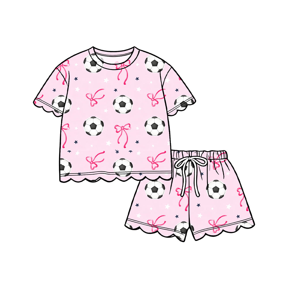 MOQ 30 PCS Preorder GSSO3698 GO TEAM Football Star Pink Bows Wave Ruffle Short Sleeve Shorts Girls Sets 202604