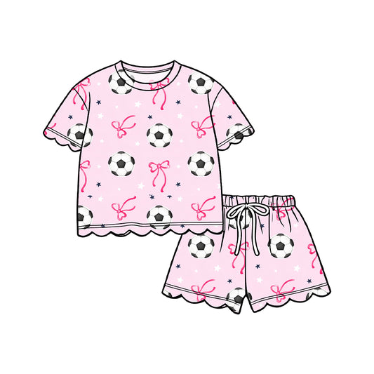 MOQ 30 PCS Preorder GSSO3698 GO TEAM Football Star Pink Bows Wave Ruffle Short Sleeve Shorts Girls Sets 202604