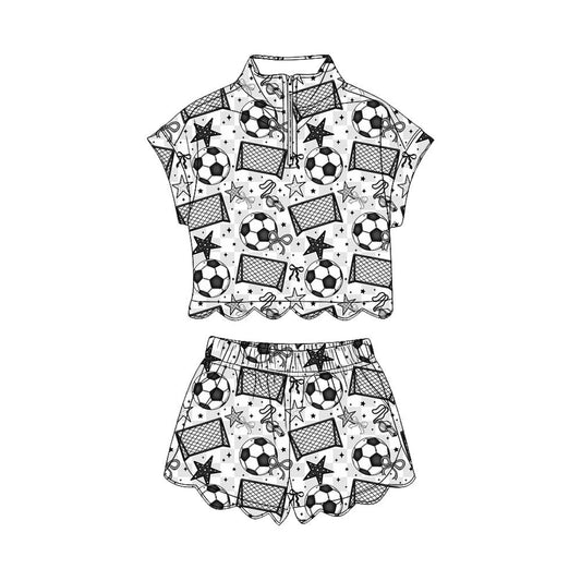 MOQ 30 PCS Preorder GSSO3699 GO TEAM Football Star Bows Plaid Zip Collar Wave Ruffle Short Sleeve Shorts Girls Sets 202604