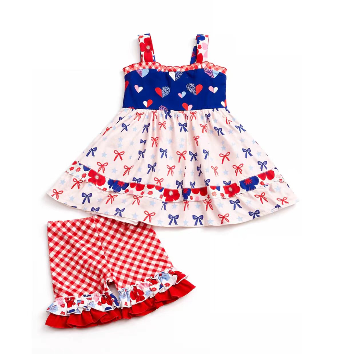 MOQ 5 PCS Preorder GSSO3700 4th of July Flower Bows Love Sleeveless Ruffle Shorts Girls Sets 202604