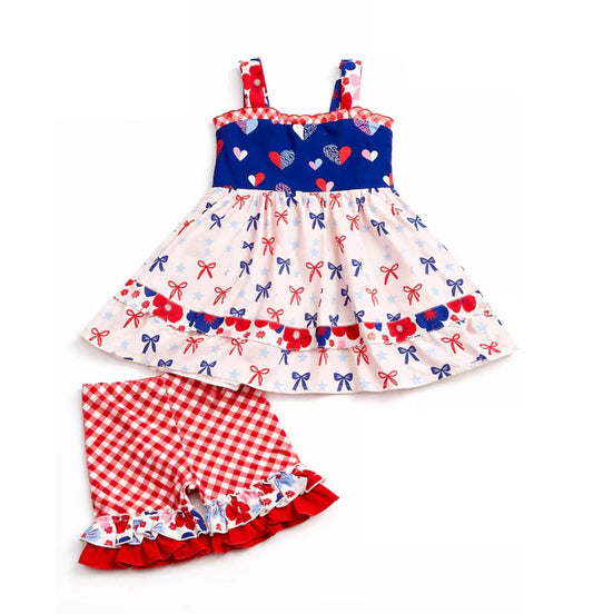 MOQ 5 PCS Preorder GSSO3700 4th of July Flower Bows Love Sleeveless Ruffle Shorts Girls Sets 202604