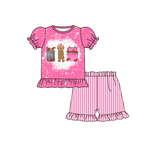 MOQ 5 PCS Preorder GSSO3703 Puppy Crayfish Bow Rose Red Short Sleeve Ruffle Shorts Girls Sets 202604