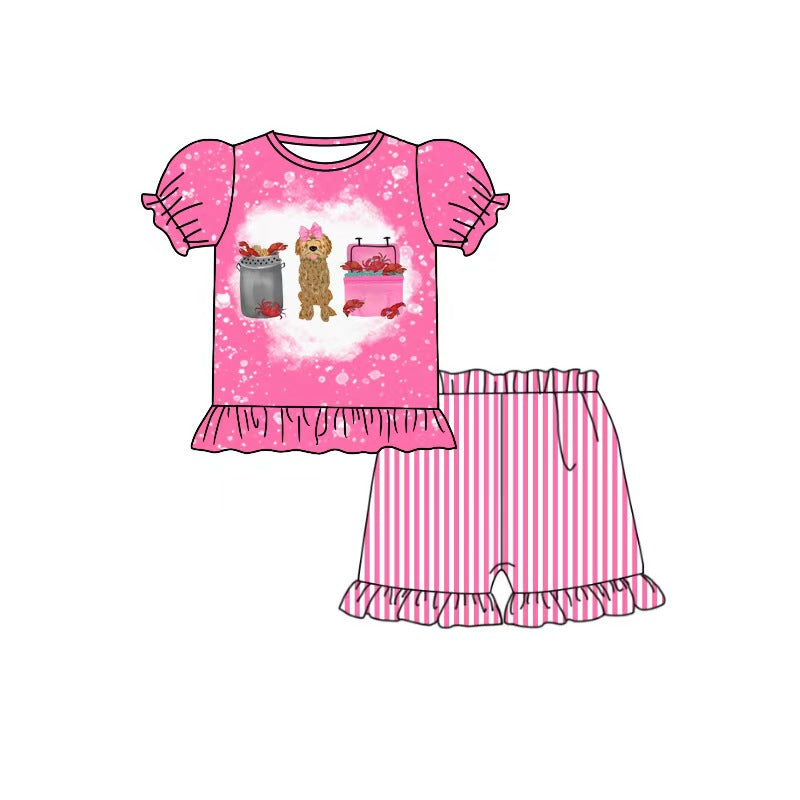 MOQ 5 PCS Preorder GSSO3703 Puppy Crayfish Bow Rose Red Short Sleeve Ruffle Shorts Girls Sets 202604