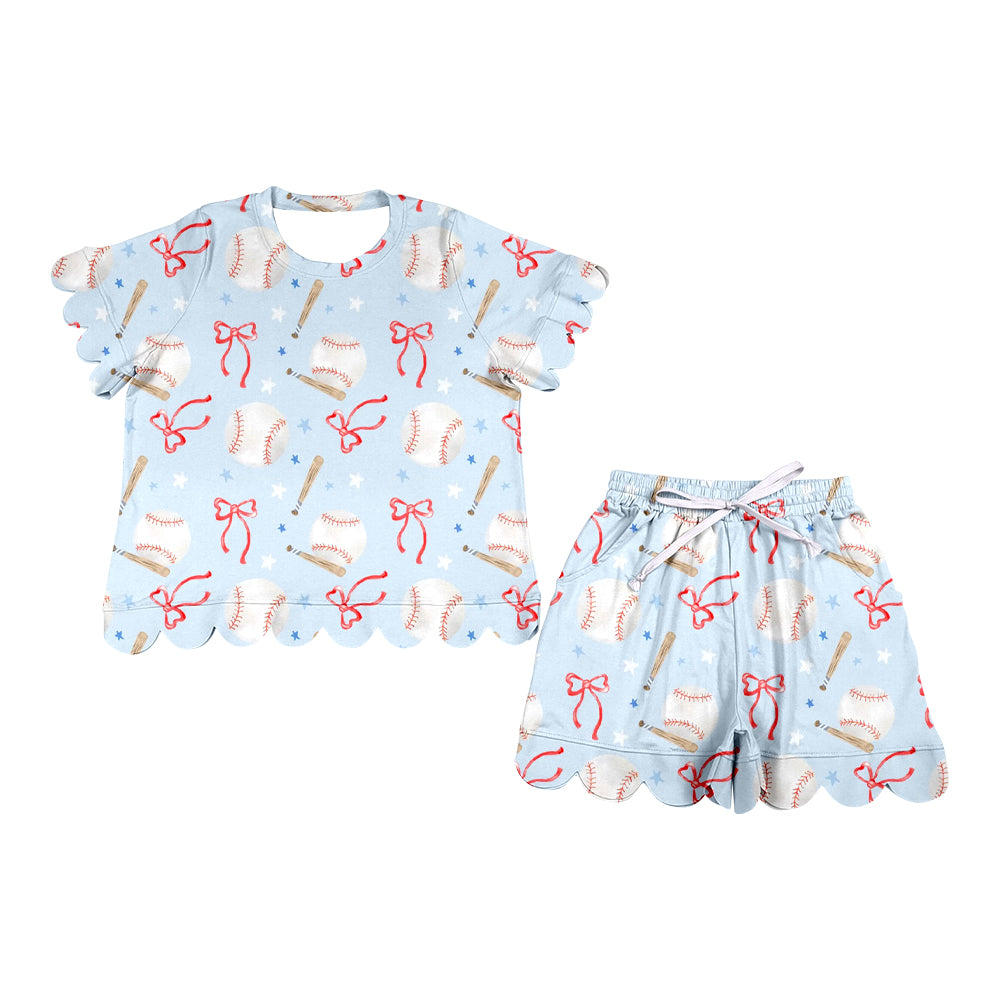 MOQ 30 PCS preorder GSSO3704 Adult Female Baseball Star Bows Light Blue Wave Ruffle Short Sleeve Shorts Sets 202604