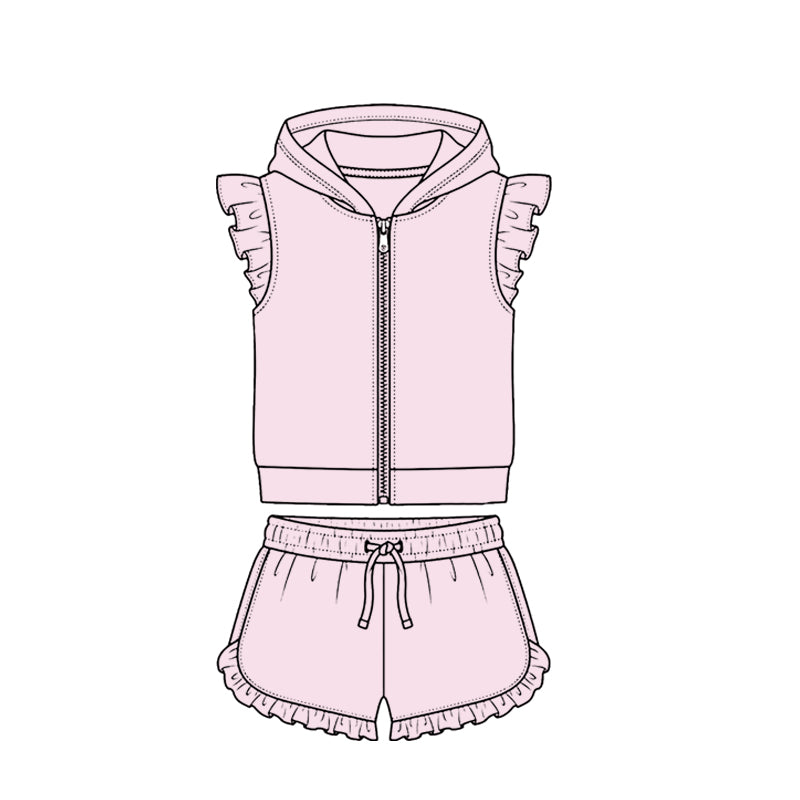MOQ 5 PCS Preorder GSSO3709 Solid Light Pink Zip Hooded Fly Sleeve Ruffle Shorts Girls Sets 202604