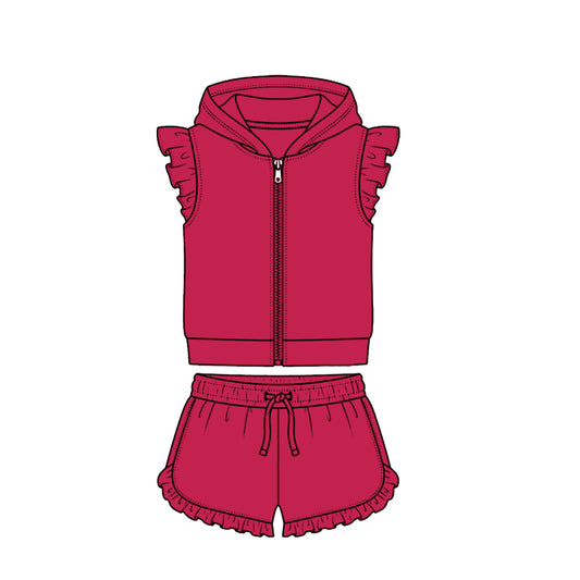 MOQ 5 PCS Preorder GSSO3713 Solid Dark Rose Red Zip Hooded Fly Sleeve Ruffle Shorts Girls Sets 202604