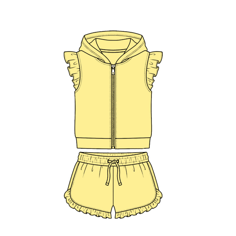 MOQ 5 PCS Preorder GSSO3715 Solid Yellow Zip Hooded Fly Sleeve Ruffle Shorts Girls Sets 202604