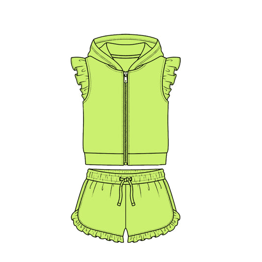 MOQ 5 PCS Preorder GSSO3716 Solid Light Green Zip Hooded Fly Sleeve Ruffle Shorts Girls Sets 202604