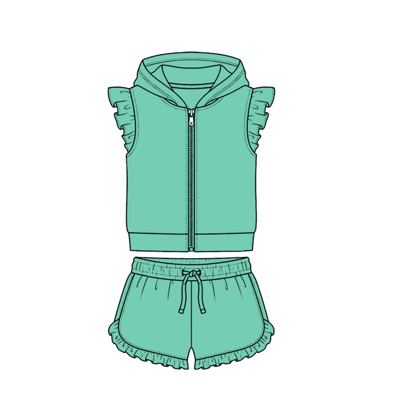 MOQ 5 PCS Preorder GSSO3717 Solid Green Zip Hooded Fly Sleeve Ruffle Shorts Girls Sets 202604